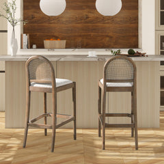 Neptune 30.5" Curved Back Cane Rattan Bar Stool, Set of 2, Ivory White Boucle