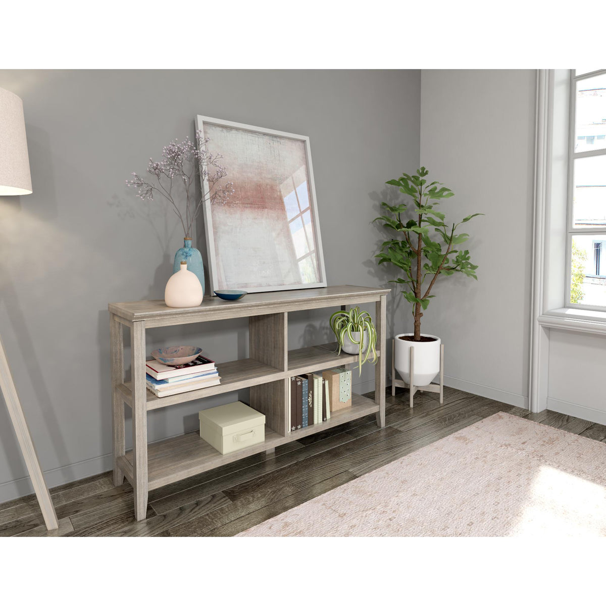 Wood Low Bookshelf with 2 Shelves; Washed Gray, 1PC