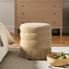 Neptune 17.5" Round Upholstered Ottoman with Bullion Fringe Fawn Brown Performance Velvet