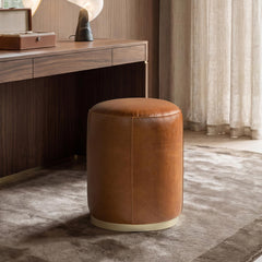 Menelaus 16" Round Leather Ottoman Stool, Camel Brown Leather
