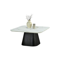 Contemporary Style Square Coffee Table Faux Marble Top Reeded Drum Base Black Finish Primary Living Room
