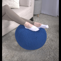 Poseidon Knitted Cotton Round Pouf, Navy Blue