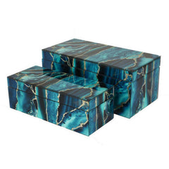 Vista Decorative Box Set of 2, Deep Blue Black Faux Marble Accent Glass