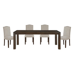 5pc Dining Set Dark Brown Finish Table and Taupe Fabric Upholstered 4x Side Chairs Wooden Modern Dining Kitchen Furniture