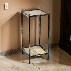 2 Tier Square Stone Top Plant Stand with Metal Frame, Small, Black and Gray