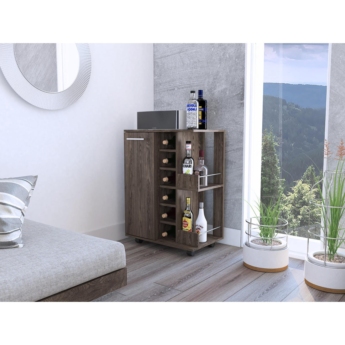 Bar Cart, Two External Shelves, Four Casters, Six Built-in Wine Rack, Single Door Cabinet -Dark Walnut