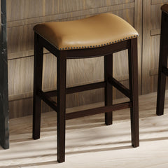 Story H Bar-Height Wood Barstool with Tan Faux-Leather Seat, 1PC