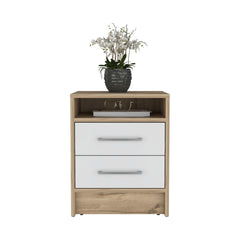 Nightstand 20"H, Two Drawers, Superior Top, Metal Handles, White / Light Oak