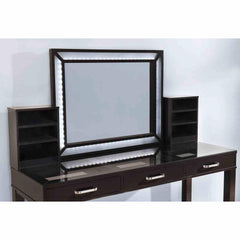 Glam Style 1pc Vanity w/ Stool Set Tempered Glass Top Central Mirror Storage Drawers Padded Stool Obsidian Gray Finish