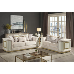 Asgard Contemporary Style 2-Piece Living Room Set including the Sofa and Loveseat in cream with gold accents and diamond-textured details
