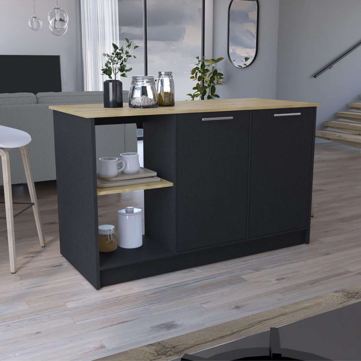 Poem Kitchen Island with Large Top Surface, Double Door Cabinet, and Open Shelves