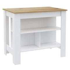 Kitchen Island, kitchen table 35" H, Four Legs, Three Open Storage  Shelves, White / Light Oak
