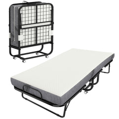 Folding Bed with Mattress for Adults, Single Size, Portable Foldable Bed with Memory Foam Mattress & Steel Frame, White