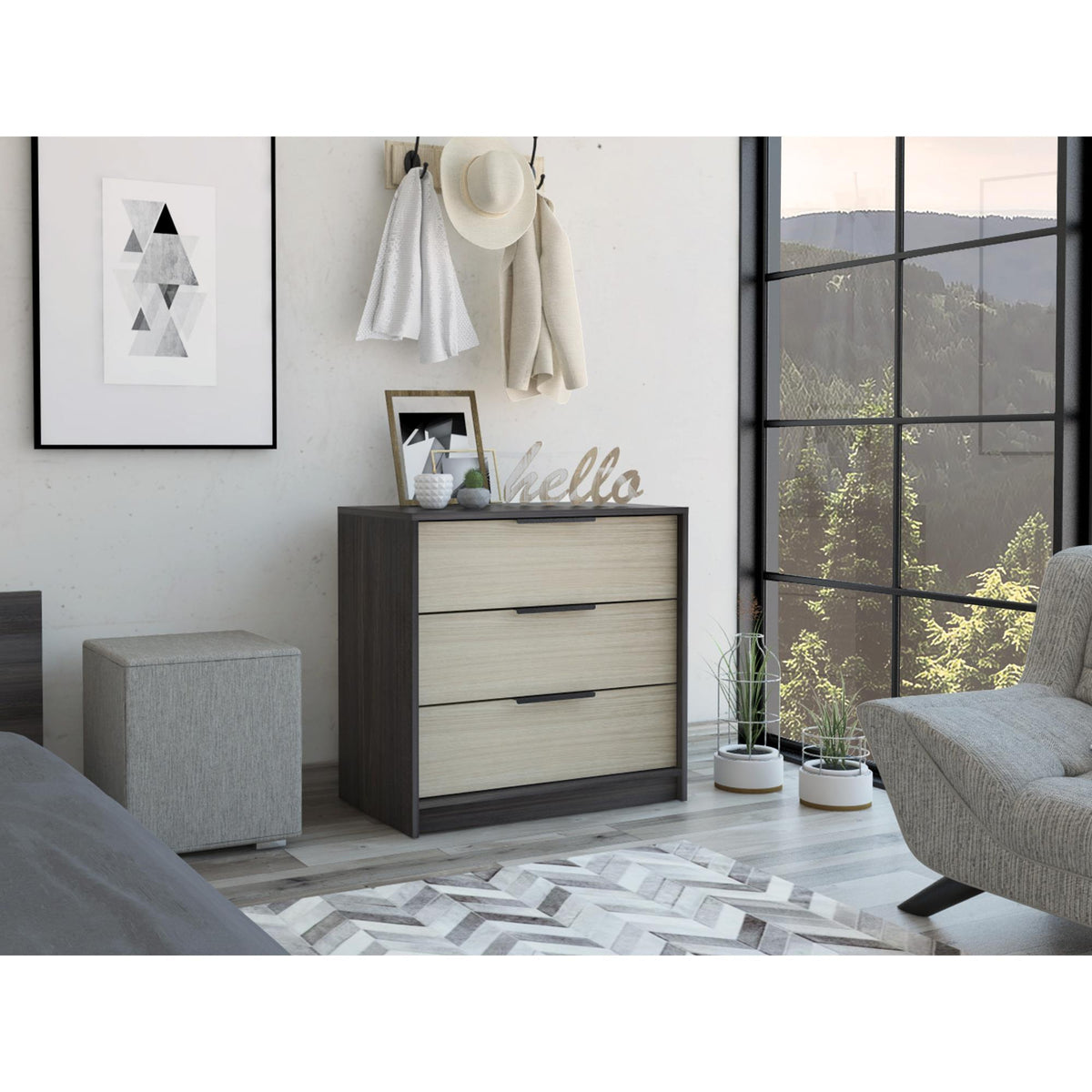 Lyra 3 Drawers Dresser, Superior Top -Black / Pine