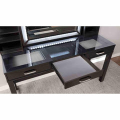 Glam Style 1pc Vanity w/ Stool Set Tempered Glass Top Central Mirror Storage Drawers Padded Stool Obsidian Gray Finish