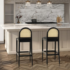 Neptune 30.5" Curved Back Cane Rattan Bar Stool, Set of 2, Ebony Black Boucle