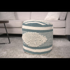 Log Handcrafted Fabric Cylindrical Pouf, White and Teal