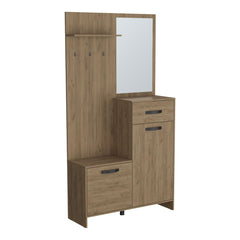 Eden 75" Tall Mirrored Tree Hall with Hangers, Three Shelves, Two Cabinets, One Drawer, Entry way, Console Table, Living Room Light Oak