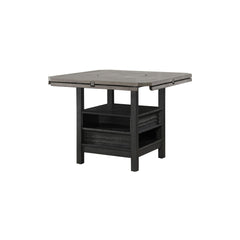 1pc Farmhouse Contemporary Counter Height Table with Storage Single Pedestal Round Black Gray Natural Grain Integrated Turntable Drop Leaves and Built-in Shelving