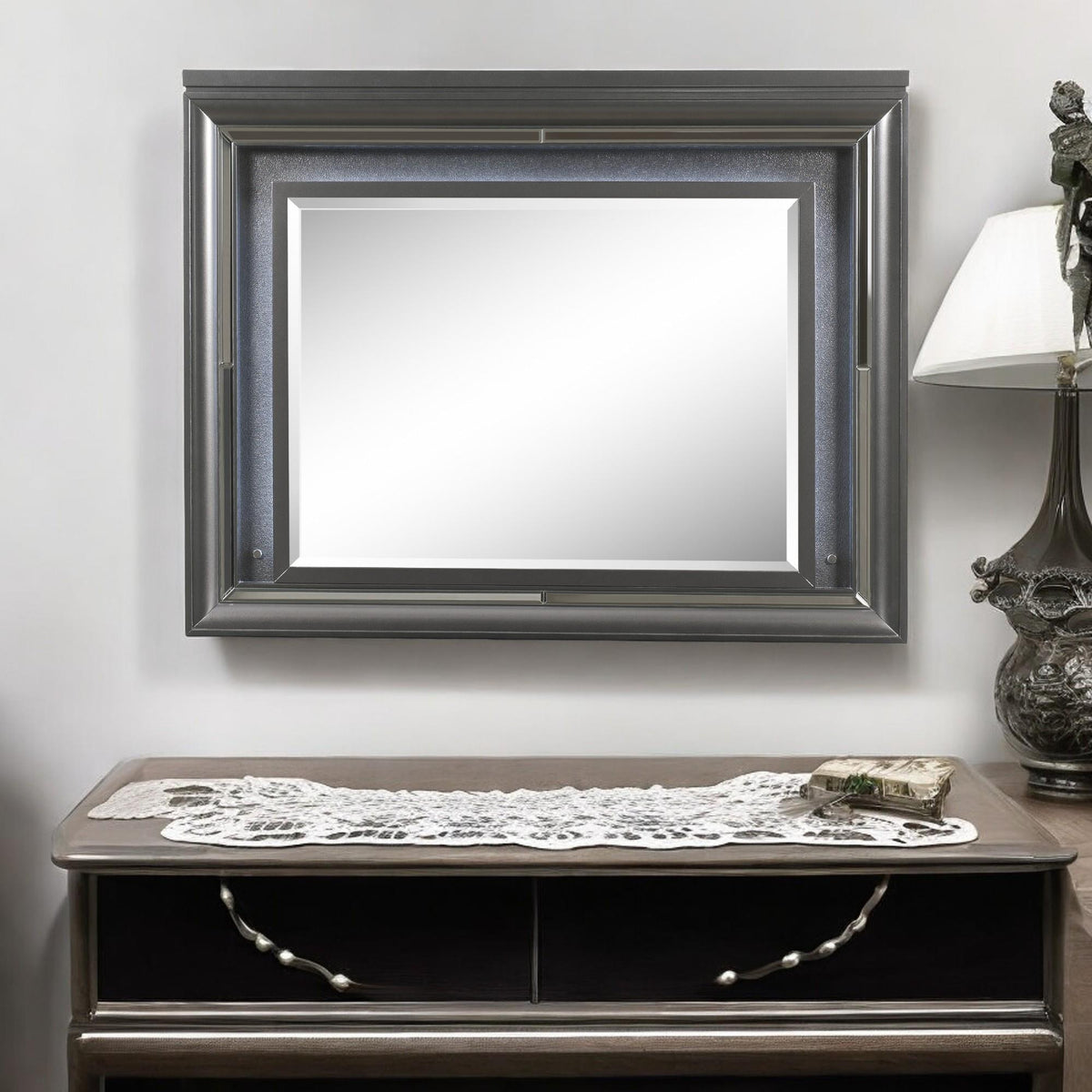Armageddon Metallic Gray Finish Mirror W/Led