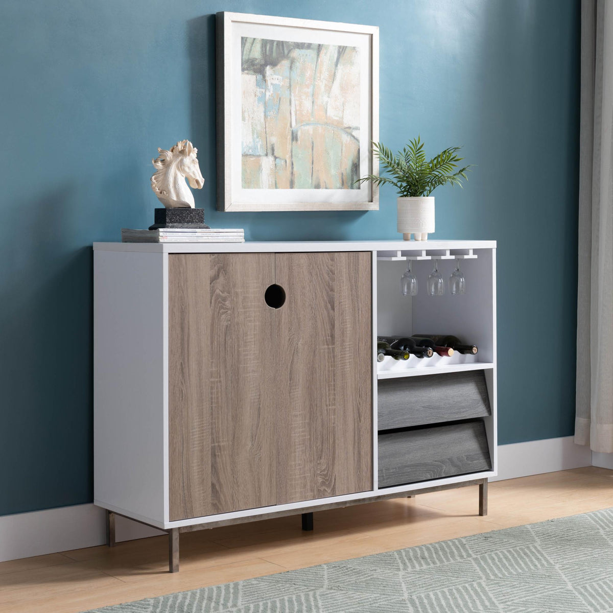 Armageddon Display Rack, Cabinet with Drawer, Holds 6 Wine Glass, White & Dark Taupe & Distressed Grey