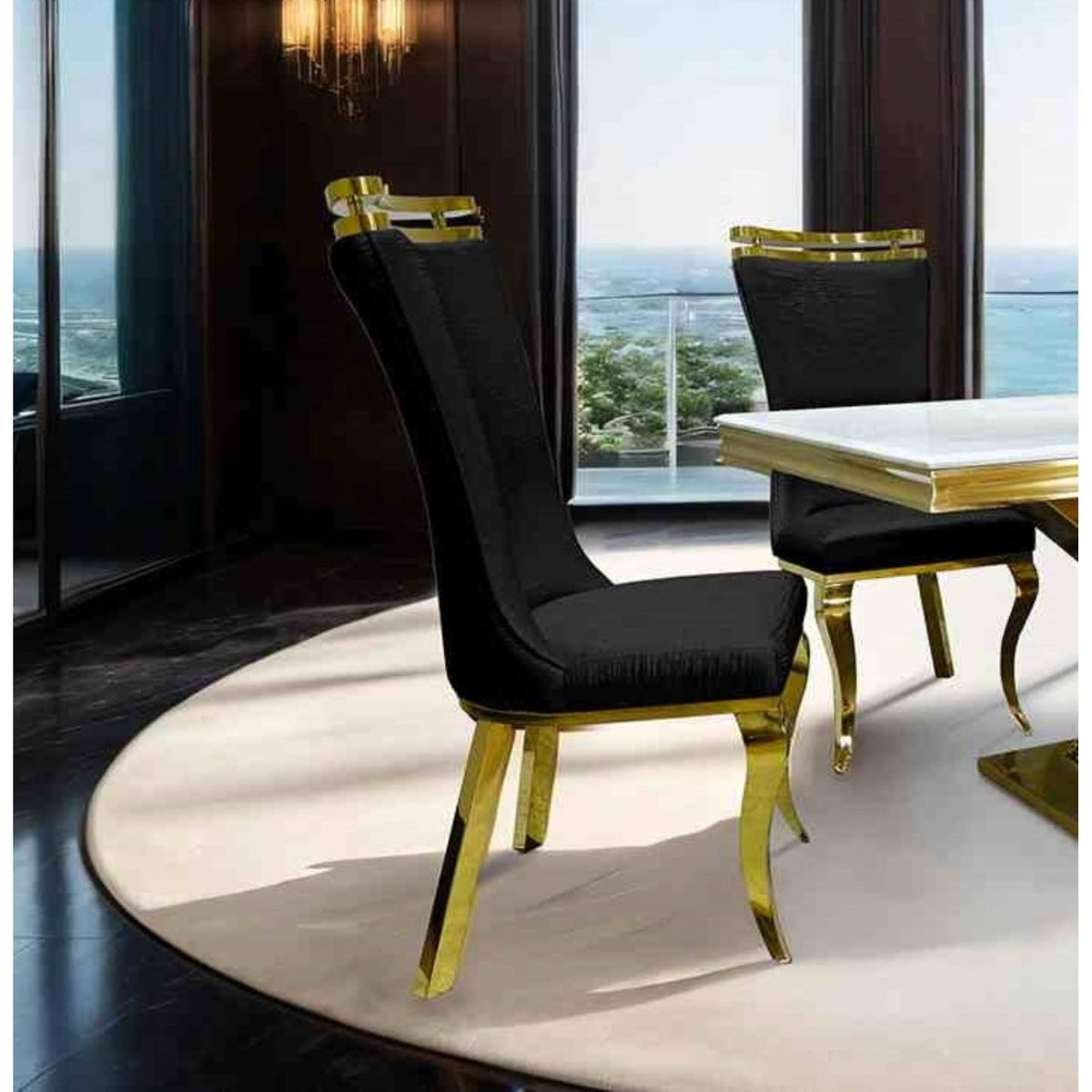 Glam Style 2pc Side Chair Black Finish Gold Legs Tiger Printed Upholstered Seat Dining Room