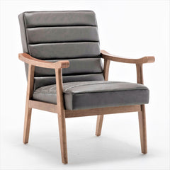 Mid-Century Modern Accent Chair, Solid Wood Frame Leather Look Microfiber Armchair with Open-Framed Arm Design, Plush Padded Seat and Back Cushion for Living Room Bedroom