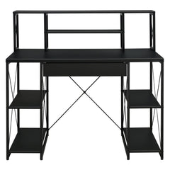 Black Office Desk with Open Shelves and Hutch