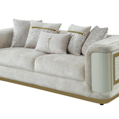 Asgard Contemporary Style Sofa with rich beige color fabric, gold-accented framing, and distinctive diamond-pattern panels