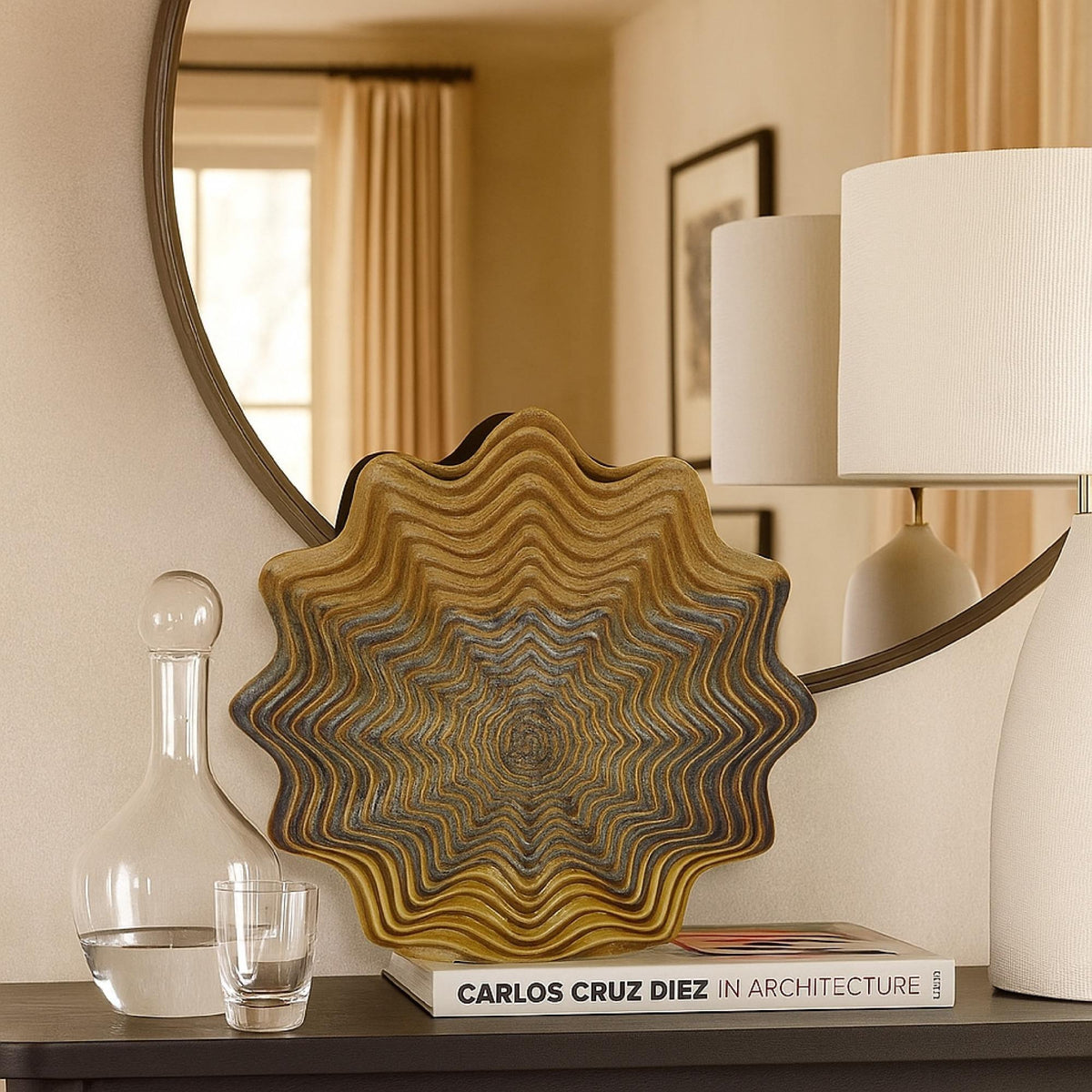 Aura Vase, Brown, Gray Ceramic, Unique Radial Rosette, 16 Inch