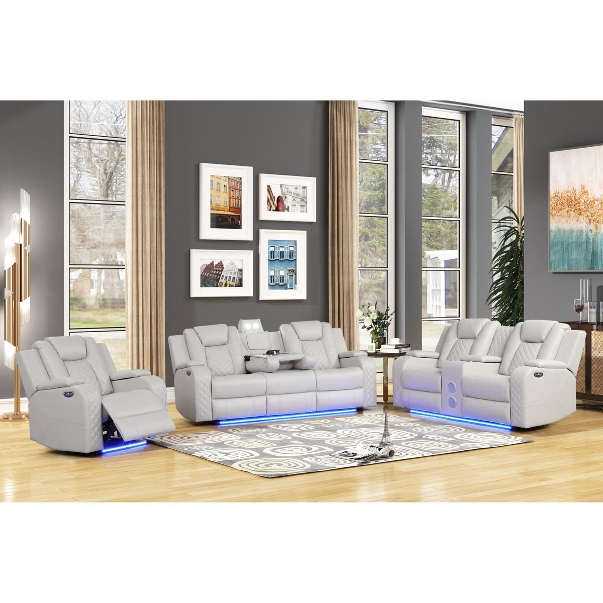WALTZ LED & Power Recliner 3 PC Made With Faux Leather in Ice