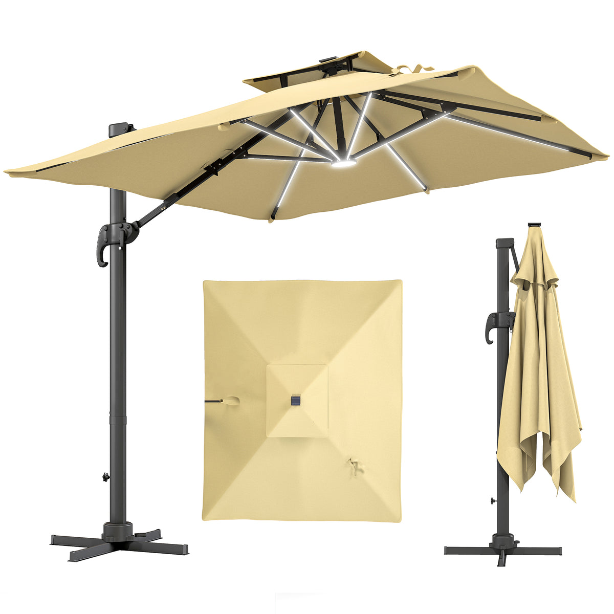 10ft. Solar LED Cantilever Umbrella, Offset Hanging Umbrella with 360°Rotation, Cross Base, 8 Ribs, Tilt and Crank for Yard, Khaki