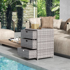 Patio PE Rattan Storage Cabinet, Wicker Pool Cabinet Organizer, Outdoor Towel Rack for Pool with 3 Drawers, Gray