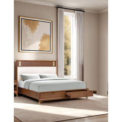 Mid-Century Modern 1pc Queen Size Bed w Storage Drawers Walnut Solid wood Upholstered HB Reading Light Bedroom Furniture