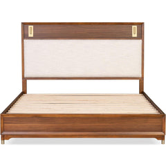 Mid-Century Modern Beautiful 1pc Eastern King Size Bed Walnut Solid wood Upholstered HB w Reading Light Bedroom Furniture