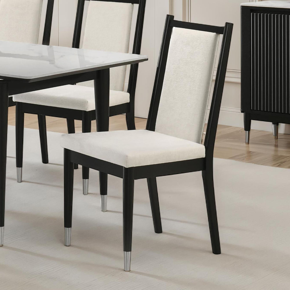 Contemporary Style 2pc Side Chair Arrow Legs Angled Back Silver Capped Legs Black And White Finish