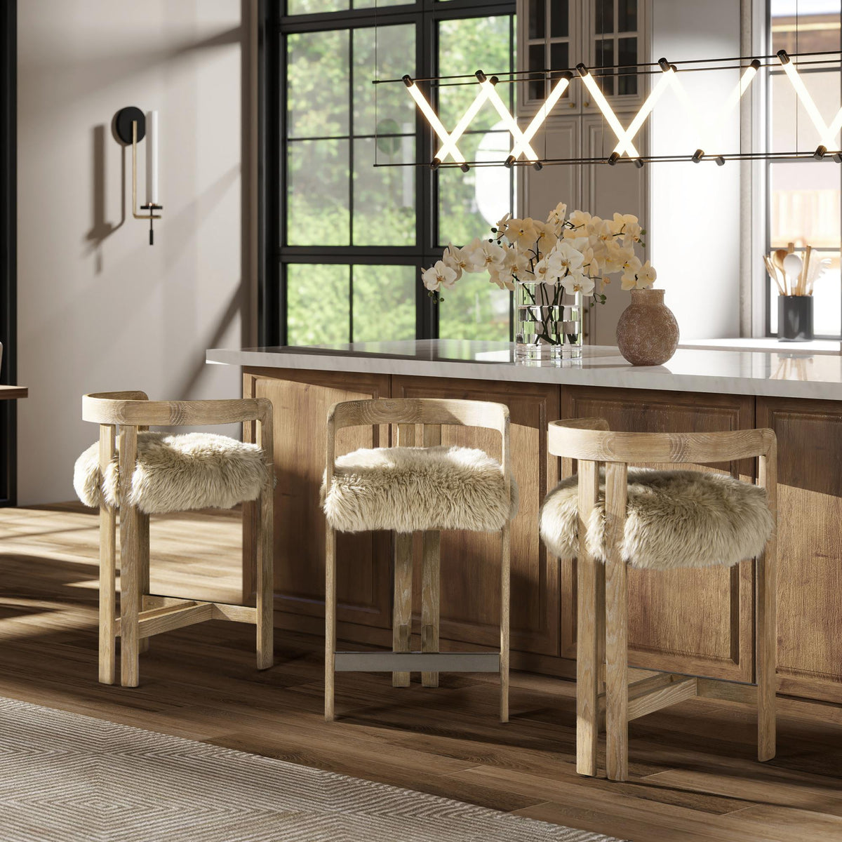 Zeus 26.5" Low Back Genuine Fur Counter Stool, Natural Blonde Genuine Fur