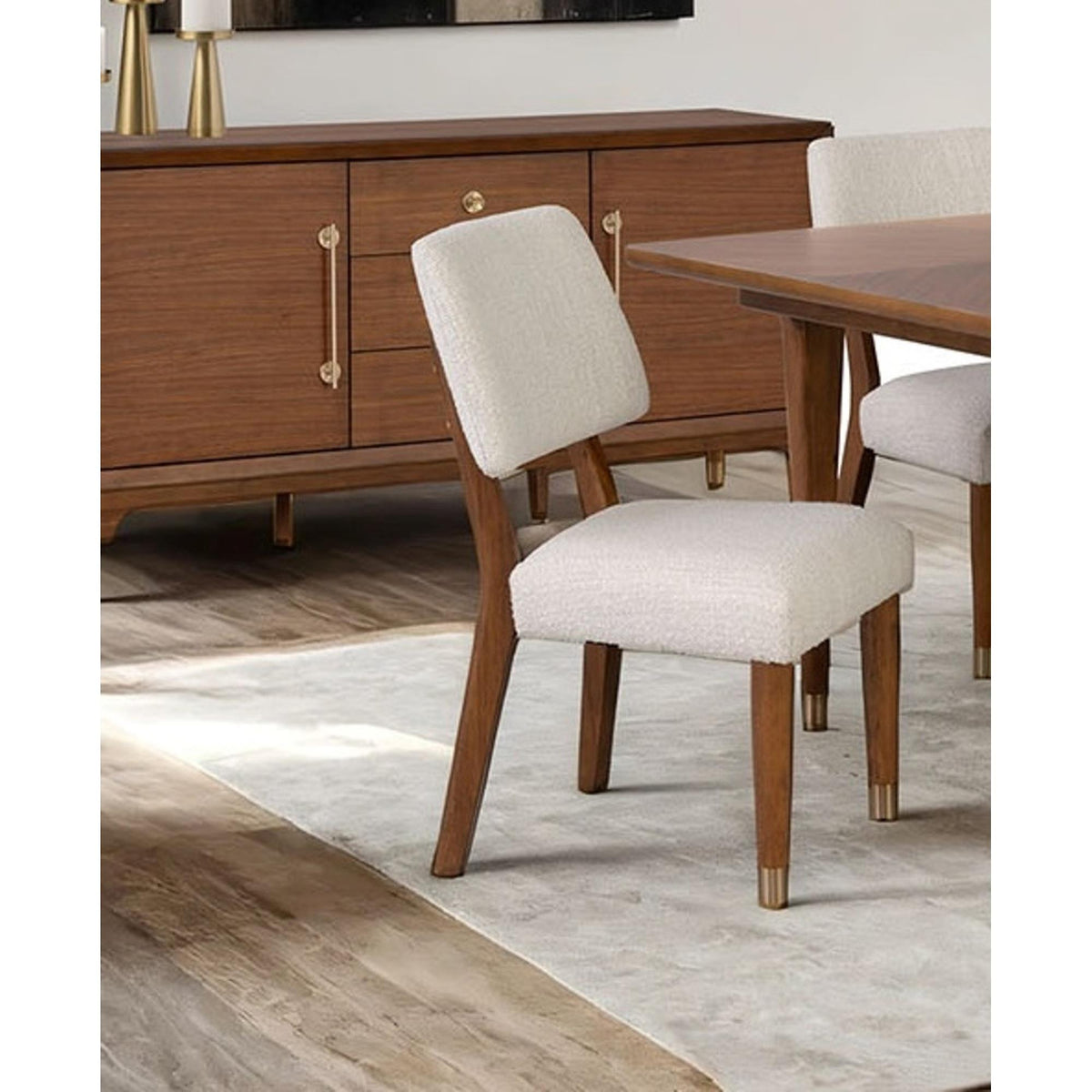 Mid-Century Modern Style 2pc Side Chair Gold Capped Legs soft Round Edges Walnut Finish Dining Room
