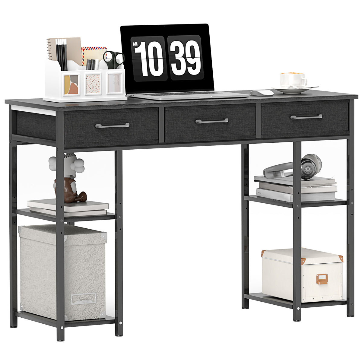 47" Small Computer Desk, Writing Desk with Fabric Drawers, Home Office Desk with Adjustable Shelves, Black