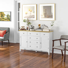 Sideboard Buffet Cabinet with Storage Drawers, Rubber Wood Top and Adjustable Shelves, Coffee Bar Cabinet, White