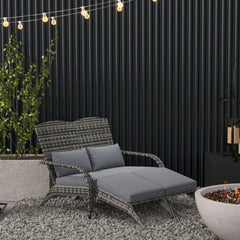 Wicker Adirondack Chair for 2 with Cushions & Footrests, PE Rattan Double Chaise Lounge Chair, Fire Pit Chair for Porch with High-back, Wide Armrests, Mixed Gray