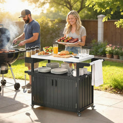 Outdoor Bar Cart with Storage, Stainless Steel Outdoor Bar Table Top, Wheeled HDPE Kitchen Island for Food Prep, Black