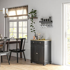 Kitchen Storage Cabinet, Sideboard Floor Cupboard with Solid Wood Top, Adjustable Shelf, and 2 Drawers, Distressed Black