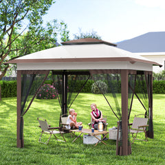 12' x 12' Pop Up Canopy Tent with Netting and Carry Bag, Instant Sun Shelter with 137 sq.ft Shade, Beige and Brown