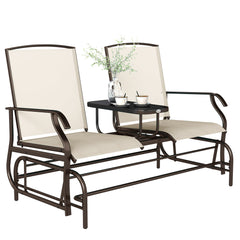 Outdoor Glider Bench with Center Table, Metal Frame Patio Loveseat with Breathable Mesh Fabric and Armrests for Backyard Garden Porch, Beige