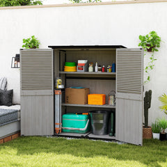 Wood Storage Shed, Outdoor Garden Shed with Asphalt Roof, 2 Shelves, Lockable Doors and Adjustable Feet, Gray