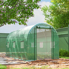 Hoop House Greenhouse, Walk-in Tunnel Greenhouse with 2 Support Rods, Zippered Roll-up Mesh Door, 14.6'x6.5'x6.6', Green