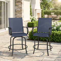 Outdoor Bar Stools Set of 2, 360° Swivel Bar Height Chairs, 26.75" x 29.5" x 48.5", Navy Blue