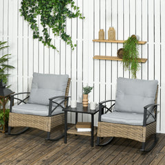 3 Piece Patio Rocking Chair Set, Outdoor Wicker Bistro Set with 2 Oversize Cushioned Porch Rockers and 2 Tier Coffee Table for Garden, Porch, Backyard, Light Gray