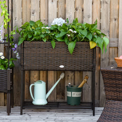 Raised Garden Bed, Elevated Planter Box with Rattan Wicker Look, Tool Storage Shelf, Portable Design for Herbs, Vegetables, Flowers, Brown